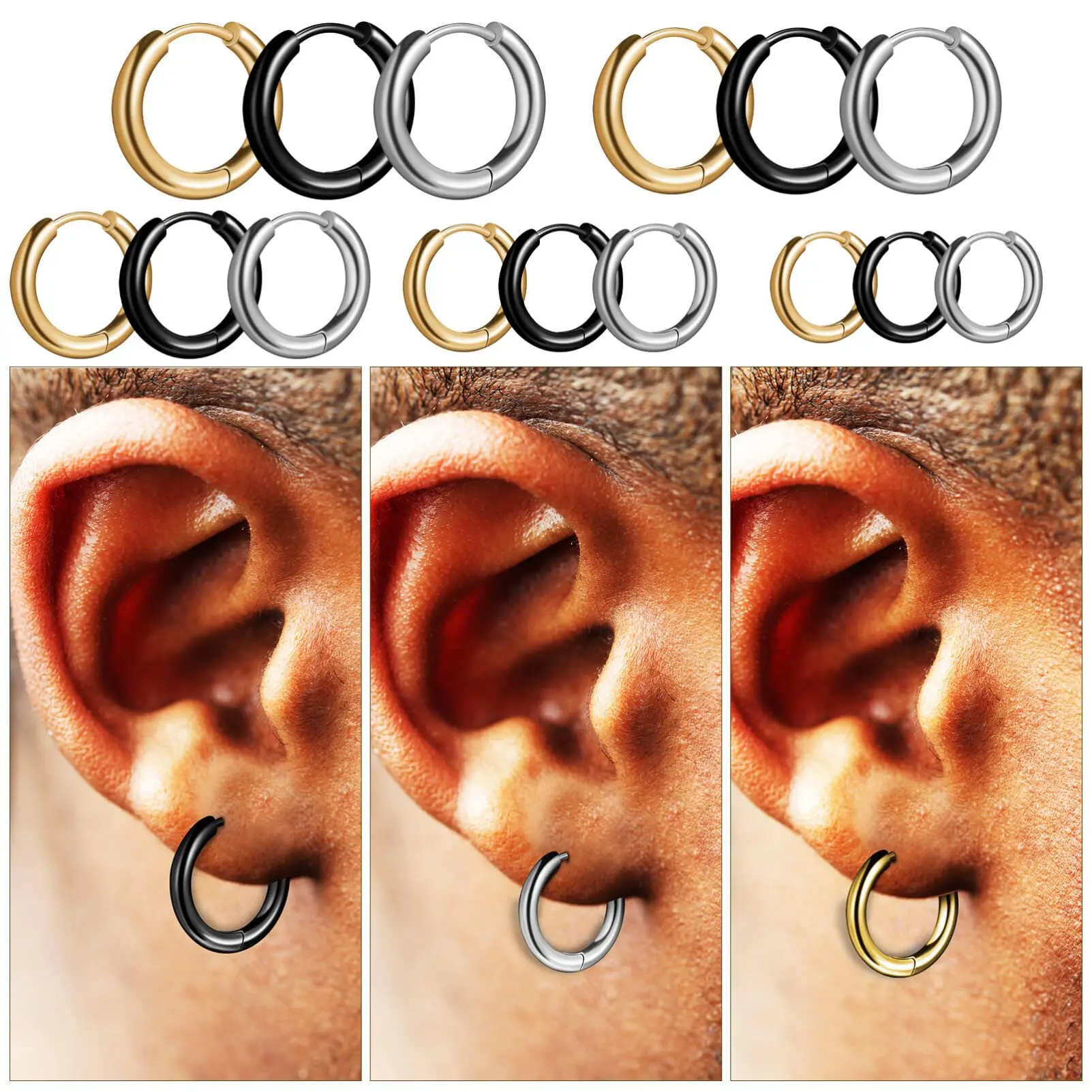 5/15 Pairs Stainless Steel Circle Hoop Earrings Women Men Black Golden Silvery Color Round Geometry Cartilage Earrings Jewelry