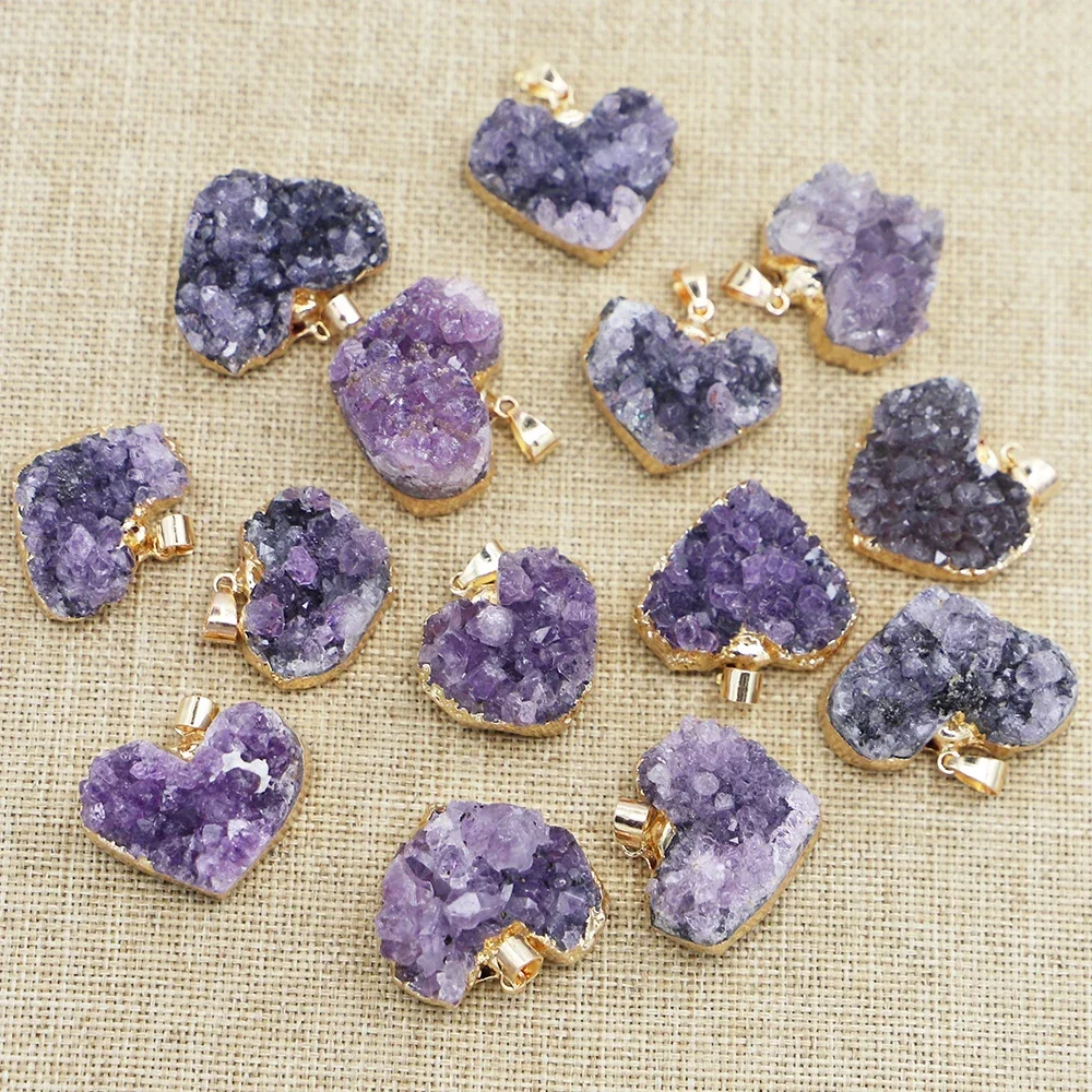 10pcs Natural Amethyst Cluster Stone Pendants Raw Ore Purple Crystal Heart Charms Jewelry Making Gem Wholesale Supplier