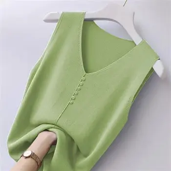 Camiseta sin mangas grande de seda de hielo para mujer, prendas de vestir exteriores, Top informal sencillo sin mangas de punto con cuello en V holgado, S-6XL 2023