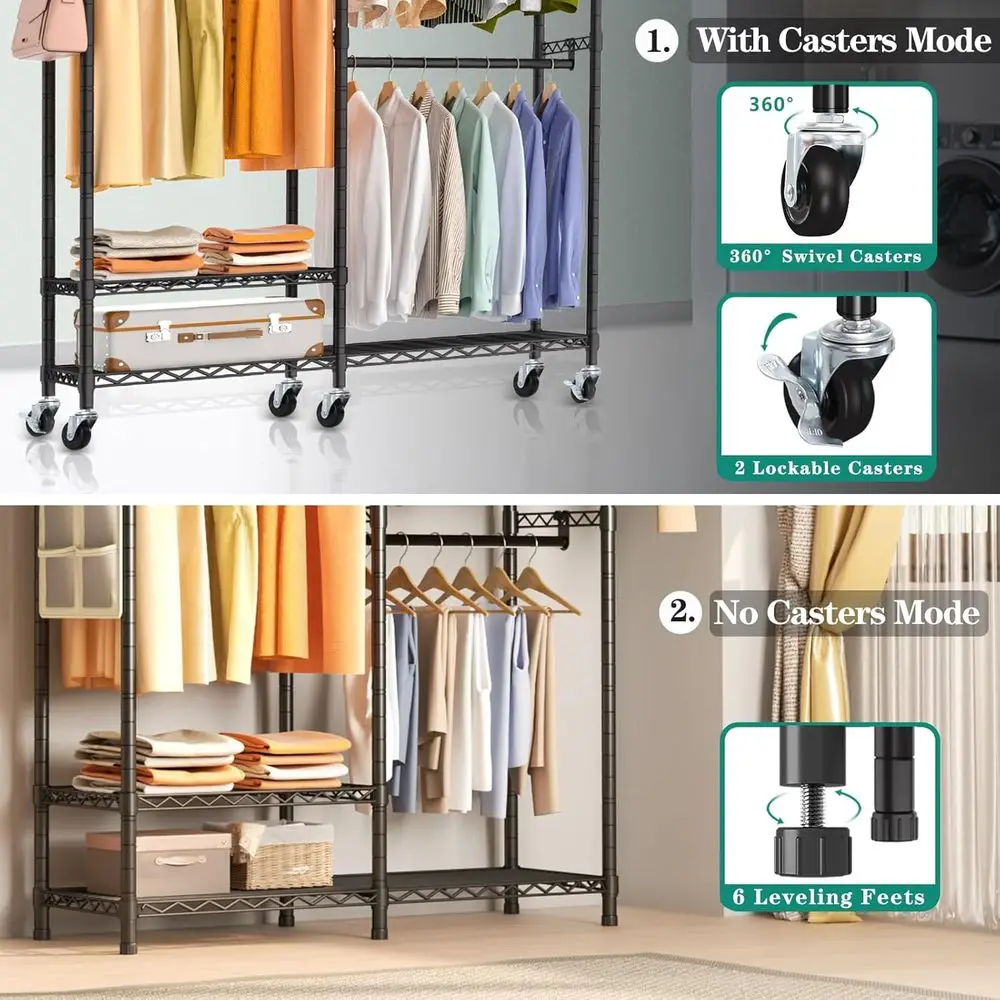 Sturdy 3-Tier Metal Adjustable Clothes Rack with 2 Hanging Bars, 800lbs Capacity, Black
