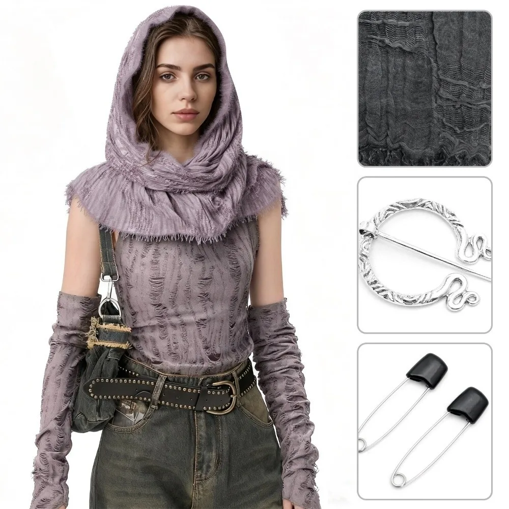 Gothic Distressed Hooded Scarf Metal Brooch Long Halloween Viking Cosplay Wrap Adjustable Polyester Medieval Shawl