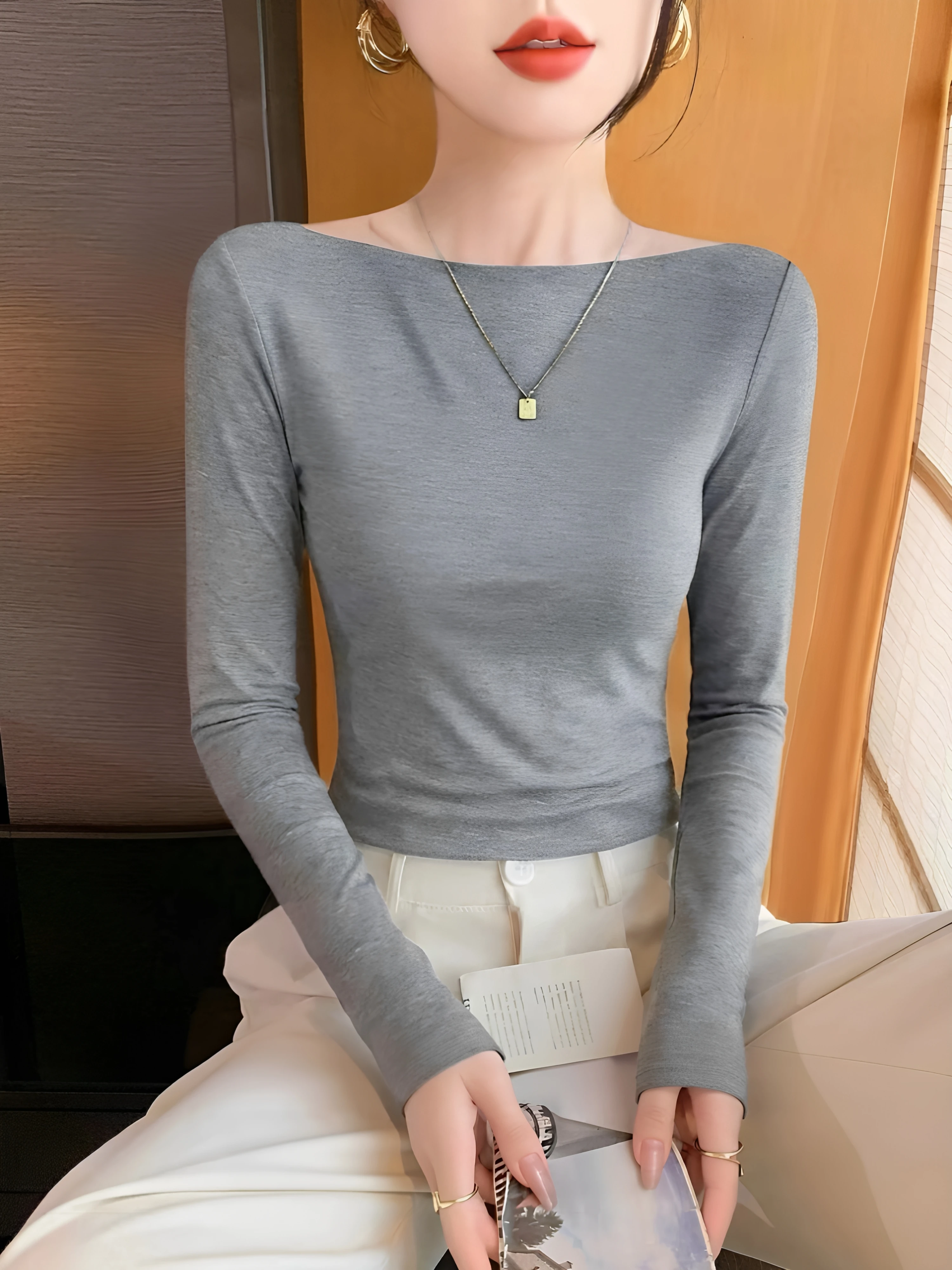 Slim Fit Long Sleeve Base Shirt Women's plus Size M Outerwear Inner Match T-shirt Top One-Shoulder Commute Style Korean Version