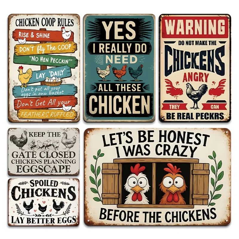6pcs Retro Metal Signs with Chicken Coop Humor, Featuring Rules And Warnings for Chicken Enthusiasts, Perfect Gift for Backyard Farmers, Size 8X12 Inches