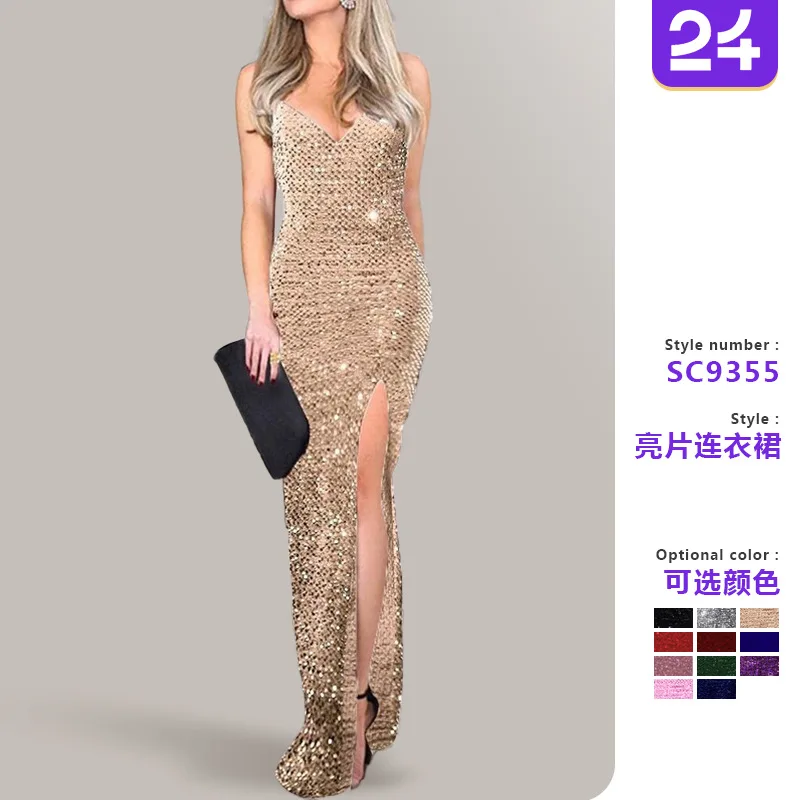 

Women's Sexy Party Long Skirt New Style Sequined Single Collar Slit Dress Casual Fashion Dance Dress Women's Gown Women's Dress