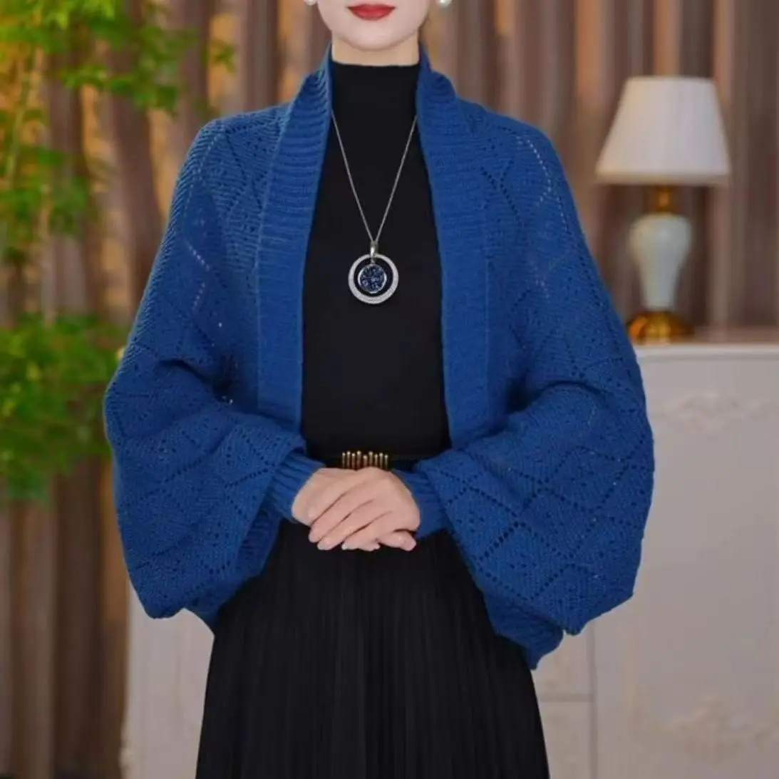 Puntero de punto cálido con identificación hueca para mujer, prendas de vestir exteriores para otoño e invierno, cárdigan abierto, diseño versátil Sli