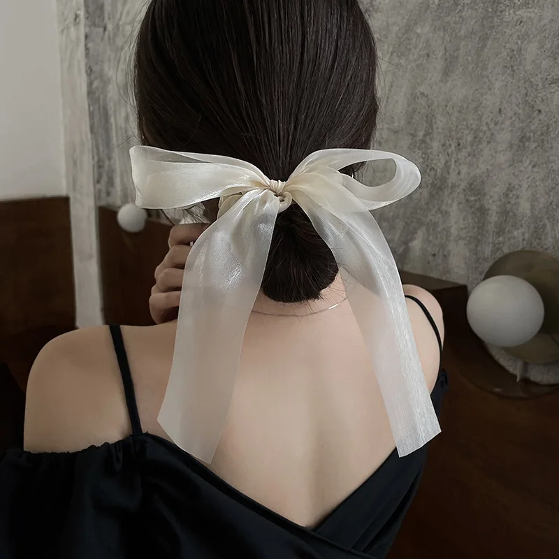 French High Grade Bow Gauze Ribbon Hair Ties Fashion Pure Color Head Rope Female Elastic Hair Scrunchies Wholesale