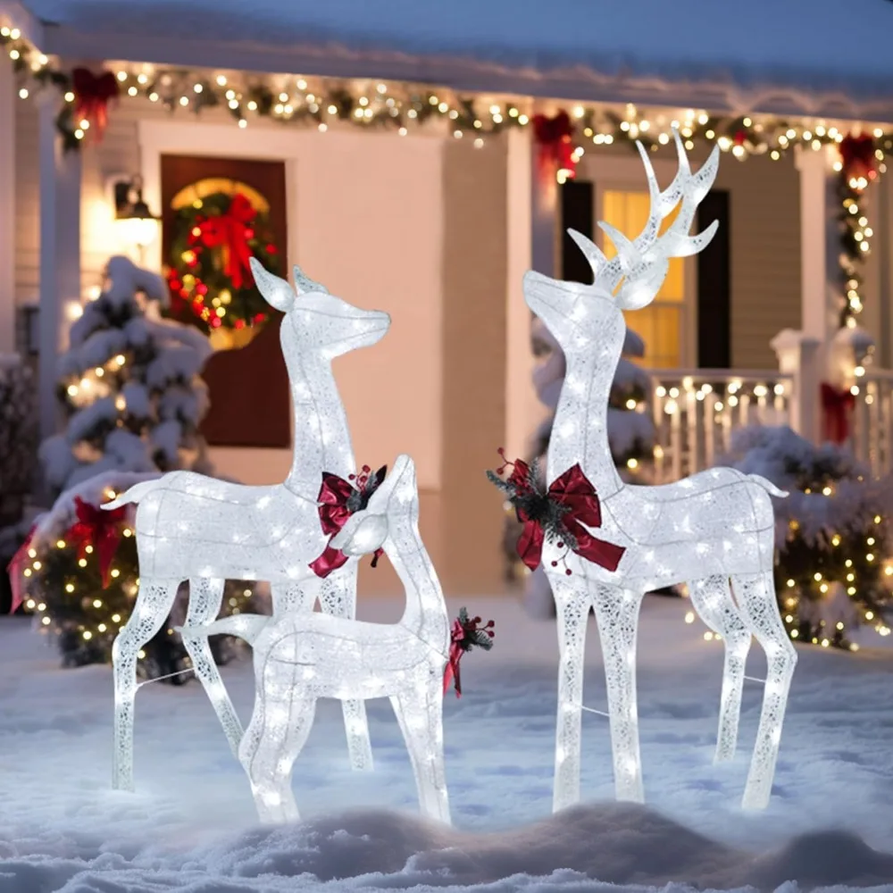 

3-piece reindeer family set with lights for Christmas decoration, 4.5 FT pre lit with 200 LED lights, outdoor, indoor, white 3D