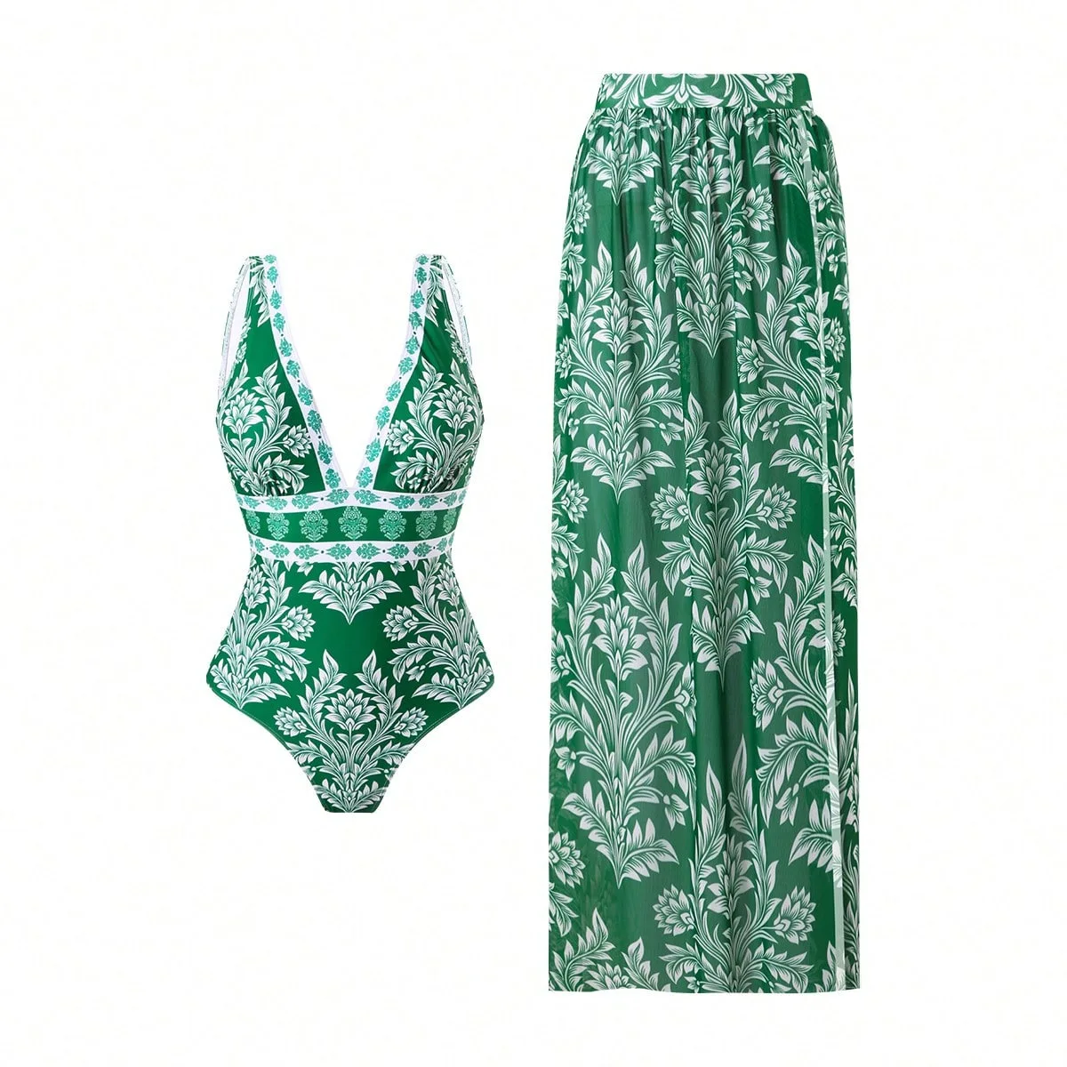 

2025 Summer New Women Sexy Hawaiian Lace Up V Neck Ruffle Swimsuit and Sarong Women Swimwear Set Push Up Bathing Suit Female