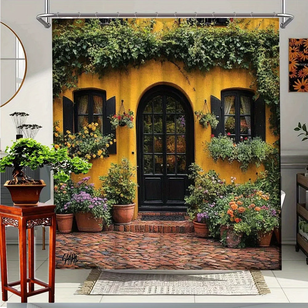 

"Mediterranean Garden Shower Curtain - Yellow House with Flowers, Plants & Arched Door in Rustic Countryside Scene"