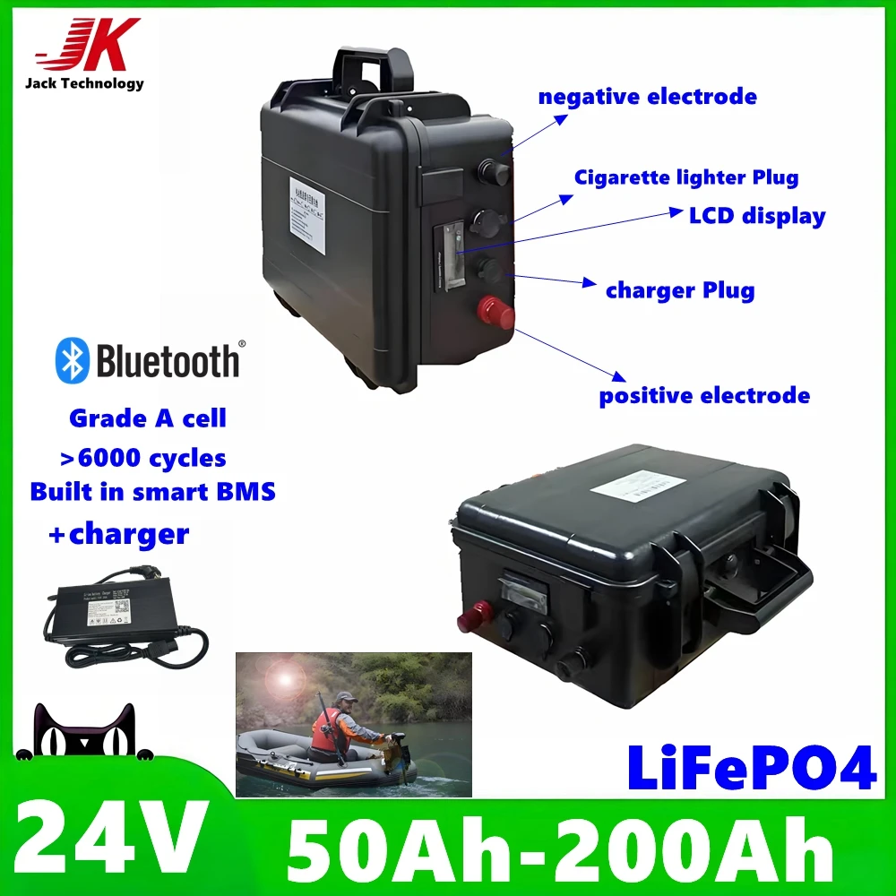 24V LiFePO4 Battery 60Ah 80Ah 100Ah 150Ah 200Ah Lithium Battery With Bluetooth Bms ForOutdoor Trolling fishing boat