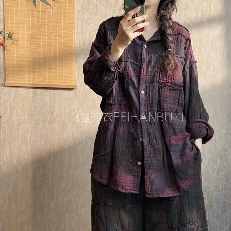 

2025 New Arrival Autumn Women Loose Fit Turn-down Collar Tie Dye Design Blouse Casual Good Quality Cotton Patchwork Shirts F104