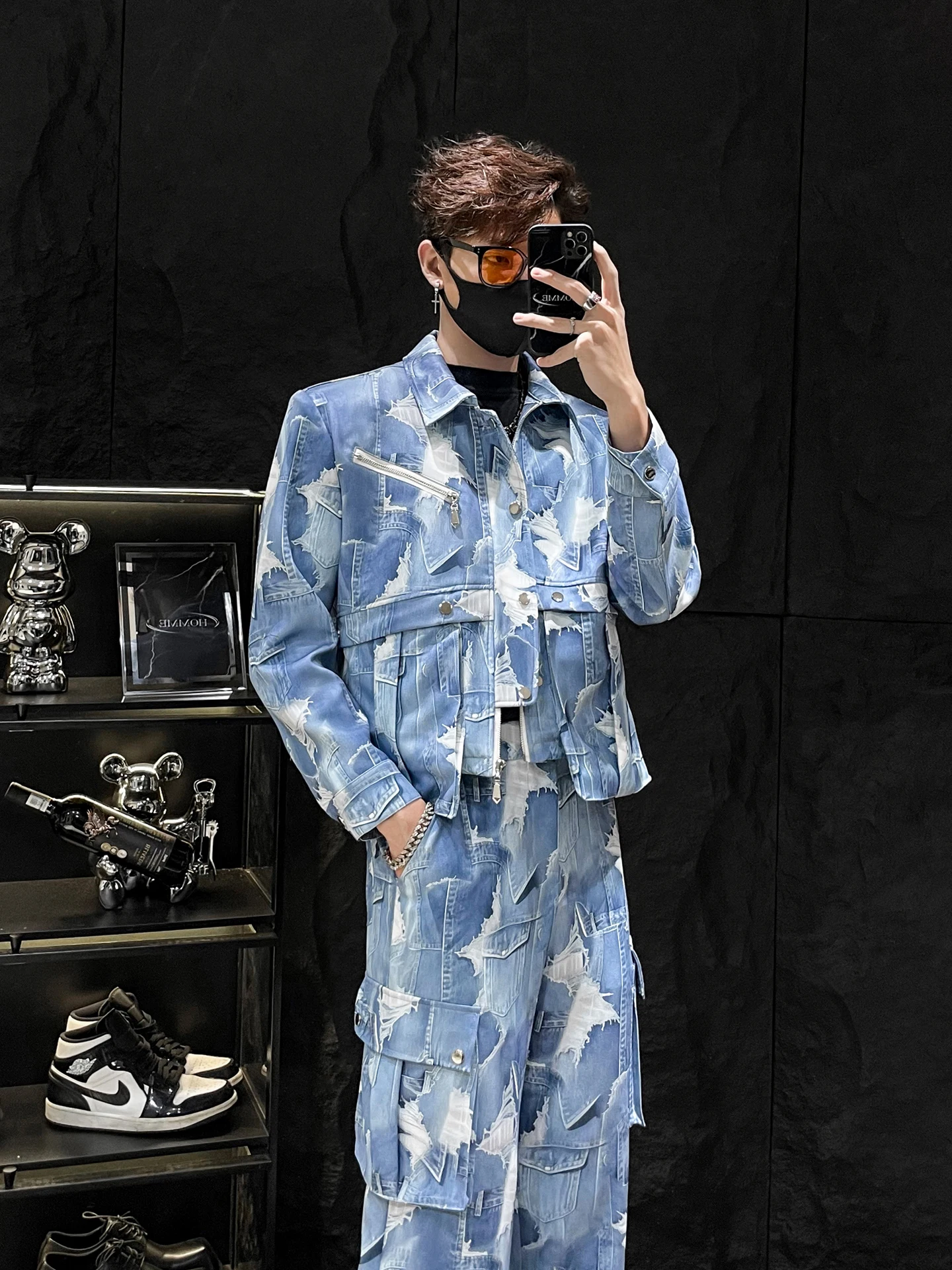 

Новый мужской джинсовый комплект с принтом: куртка и брюки с высокой талией и прямыми штанинами, модная осенняя коллекция