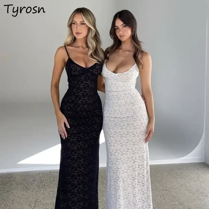 Sundress ผู้หญิง Hotsweet Hollow Out Sheer Slim ฤดูร้อน Long Low-cut Vestidos ยุโรปสไตล์ Chic เซ็กซี่สุภาพสตรี Elegant