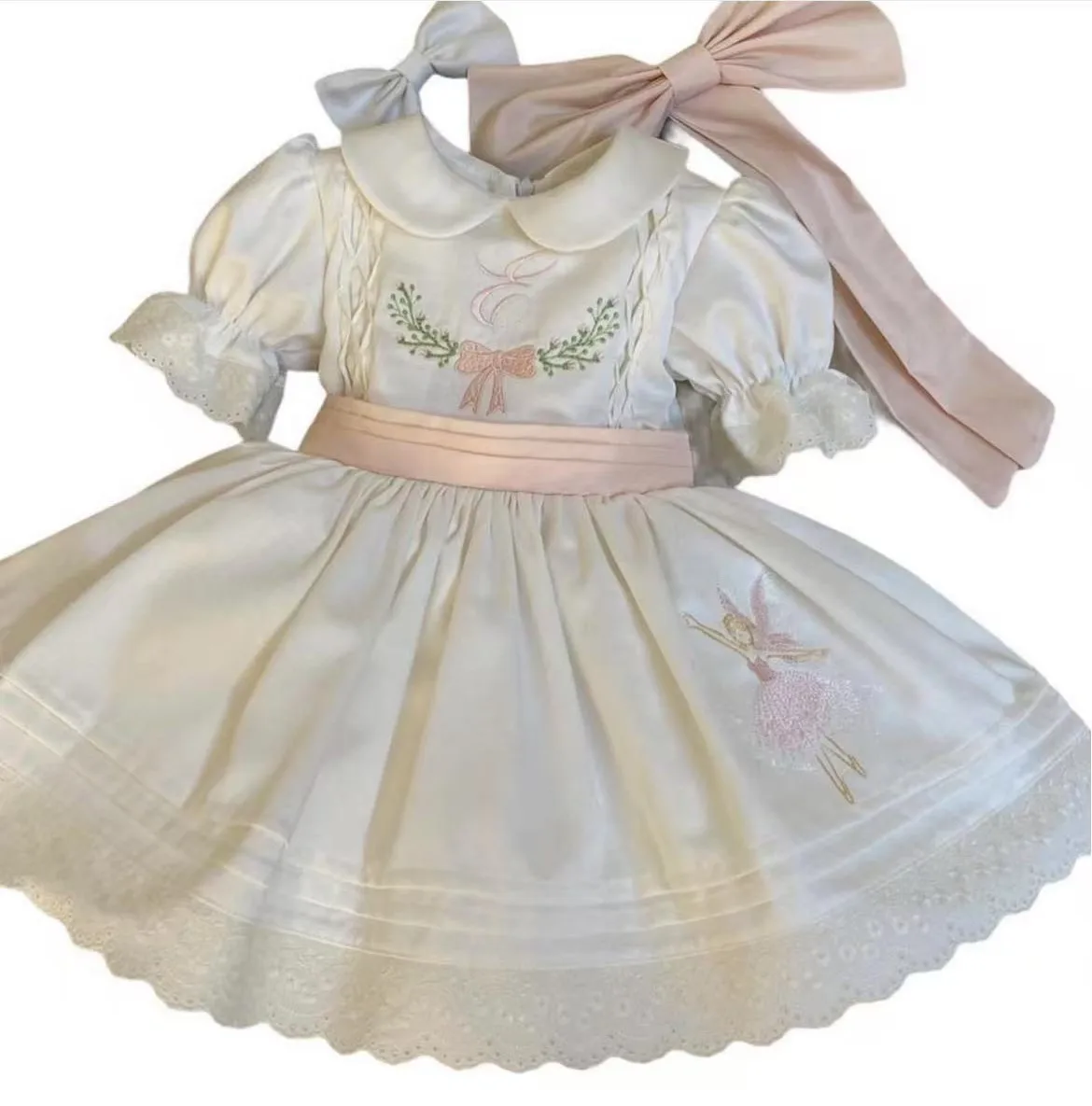 Baby Girl Summer White Flower Angel Embroidery Vintage Princess Ball Gown Dress for Party Eid Birthday Usual Photograph B394