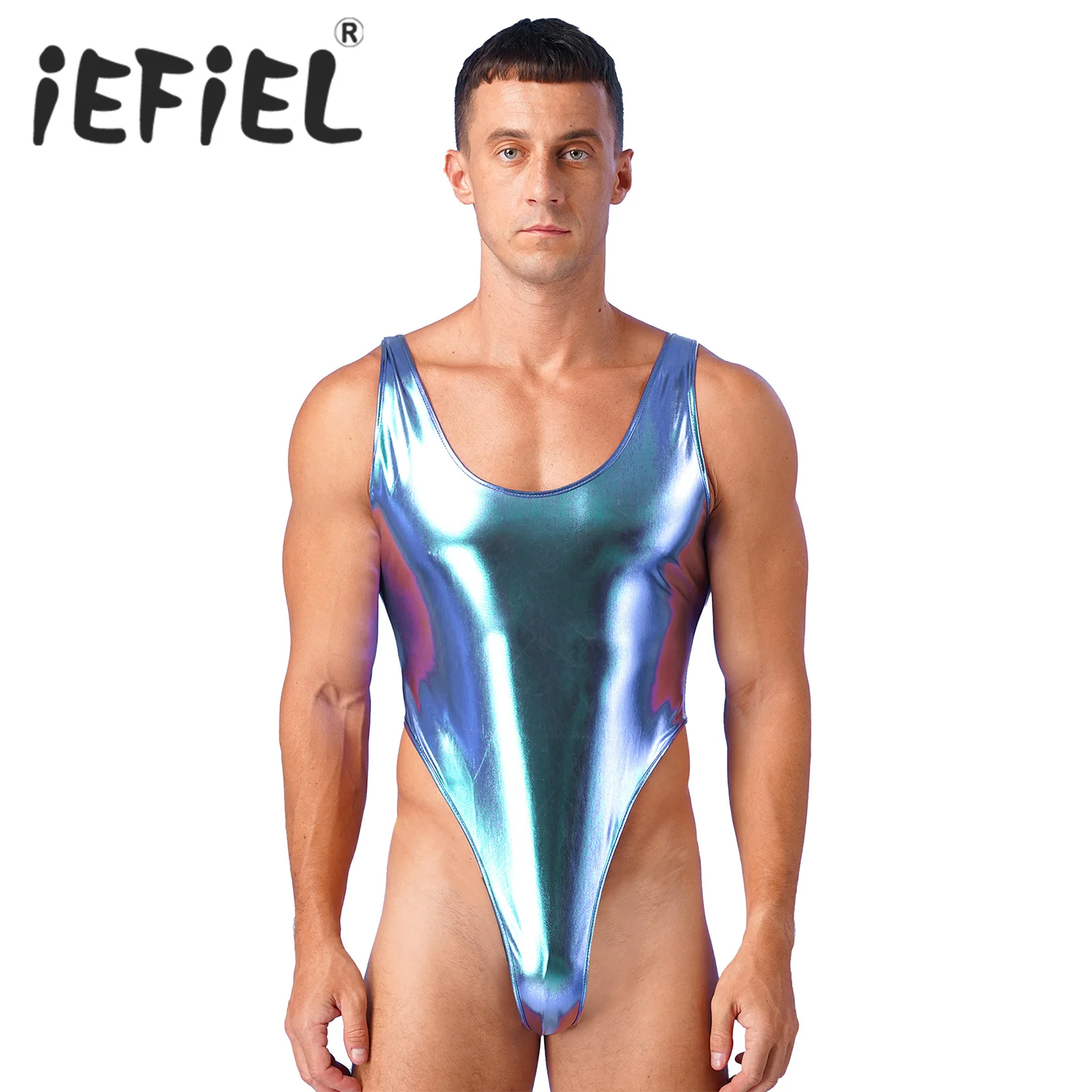 Mens Glossy Bodysuit Fashion One-piece Swimsuit Sleeveless High Cut Wetlook Faux Leather Stretch Leotard Unitard Bathing Suit