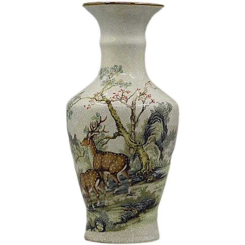 Chinese Famille Rose Porcelain Qing Qianlong Deer Pattern Vase 9.30 inch.