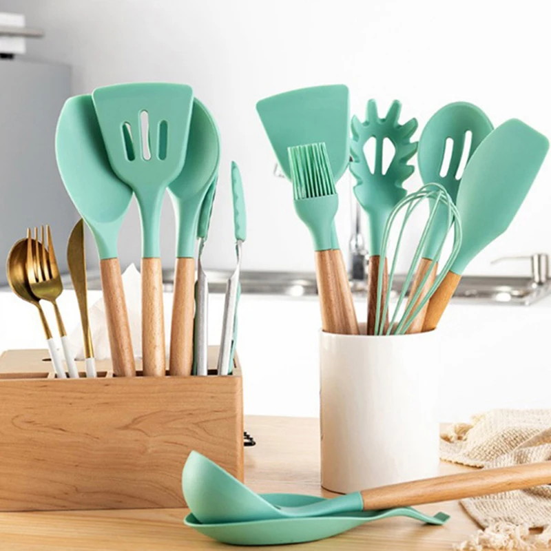 Silicone Cooking Kitchen Utensils Set Bamboo Wooden Handles Cooking Tools