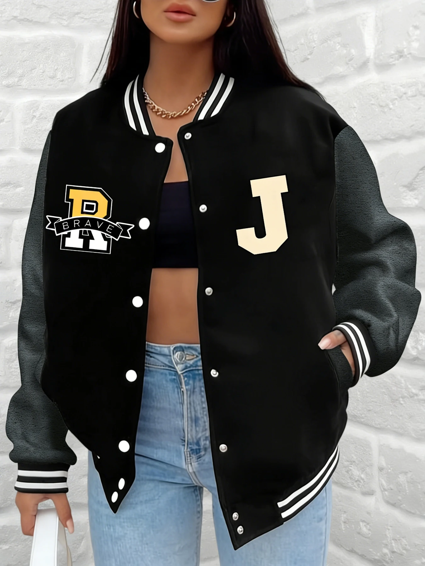 

Women Letter R J Print Baseball Jacket Brave Banner Pattern Varsity Coat Loose Fit Outerwear Casual Streetwear Trendy Outfit