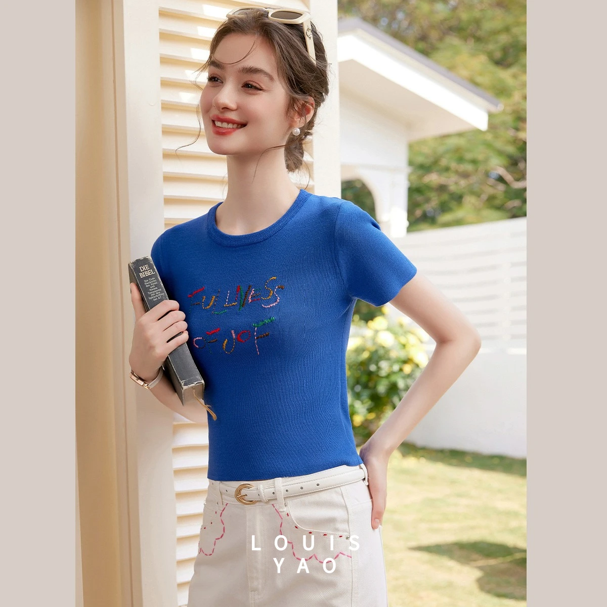 LOUIS YAO Embroidery Women's Knitted T-Shirts 2026 Summer Fun Youthful Color Block Slim Fit Slight Stretch Short Sleeve Shirt
