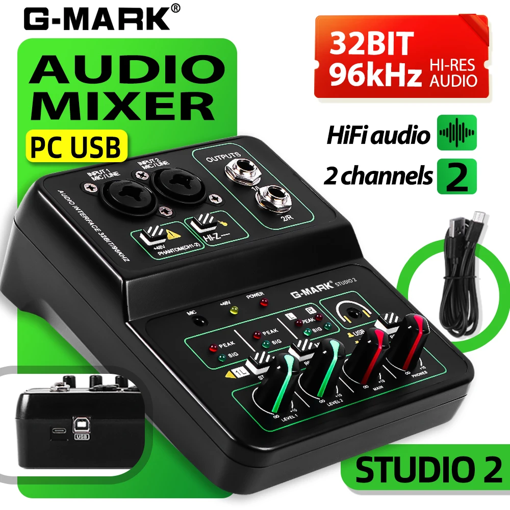 ミニミキサーオーディオ-g-mark-studio-2-48v-32ビット-96khzサウンドエフェクトインターフェース付き-ライブレコーディングパーティーdjストリーミング用-﻿