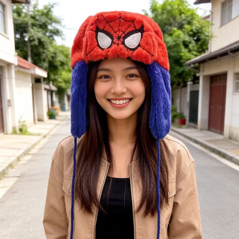 Y2K Windrote und blaue Plüsch-Cartoon-Lei-Feng-Ohrenschützer | Bestickte, warme Ohrenschützer für den Winter