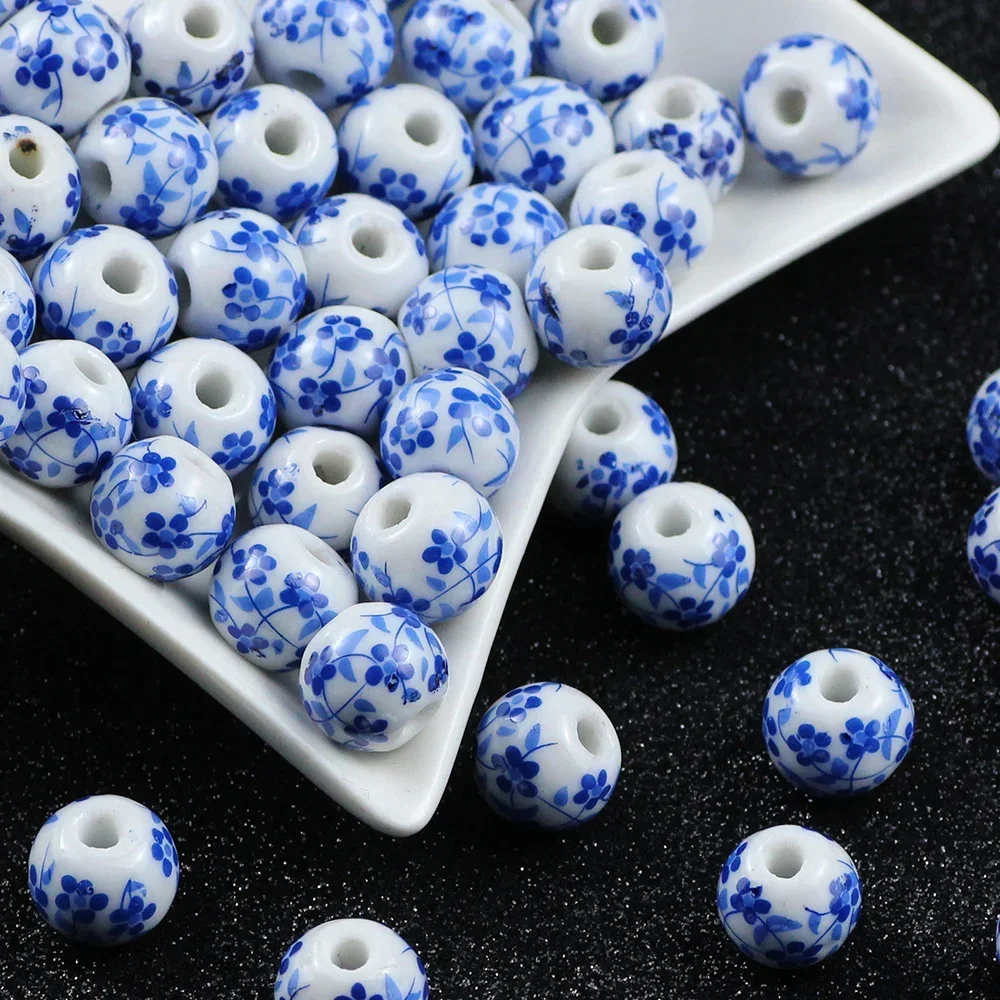 20pcs 8mm Vintage Blue And White Orchid Round Ceramic Beads For Jewelry Making DIY Beaded Accessories