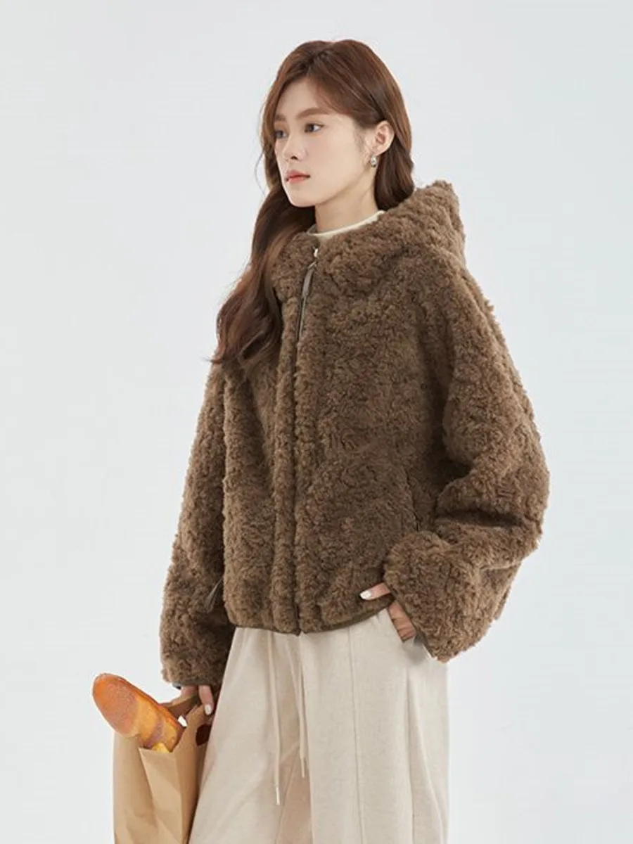 Veste en laine d'agneau à capuche pour femme, pardessus court, optique d'hiver, marron chaud, fermeture éclair basique, manteau ours, Ulzzang Oupillar