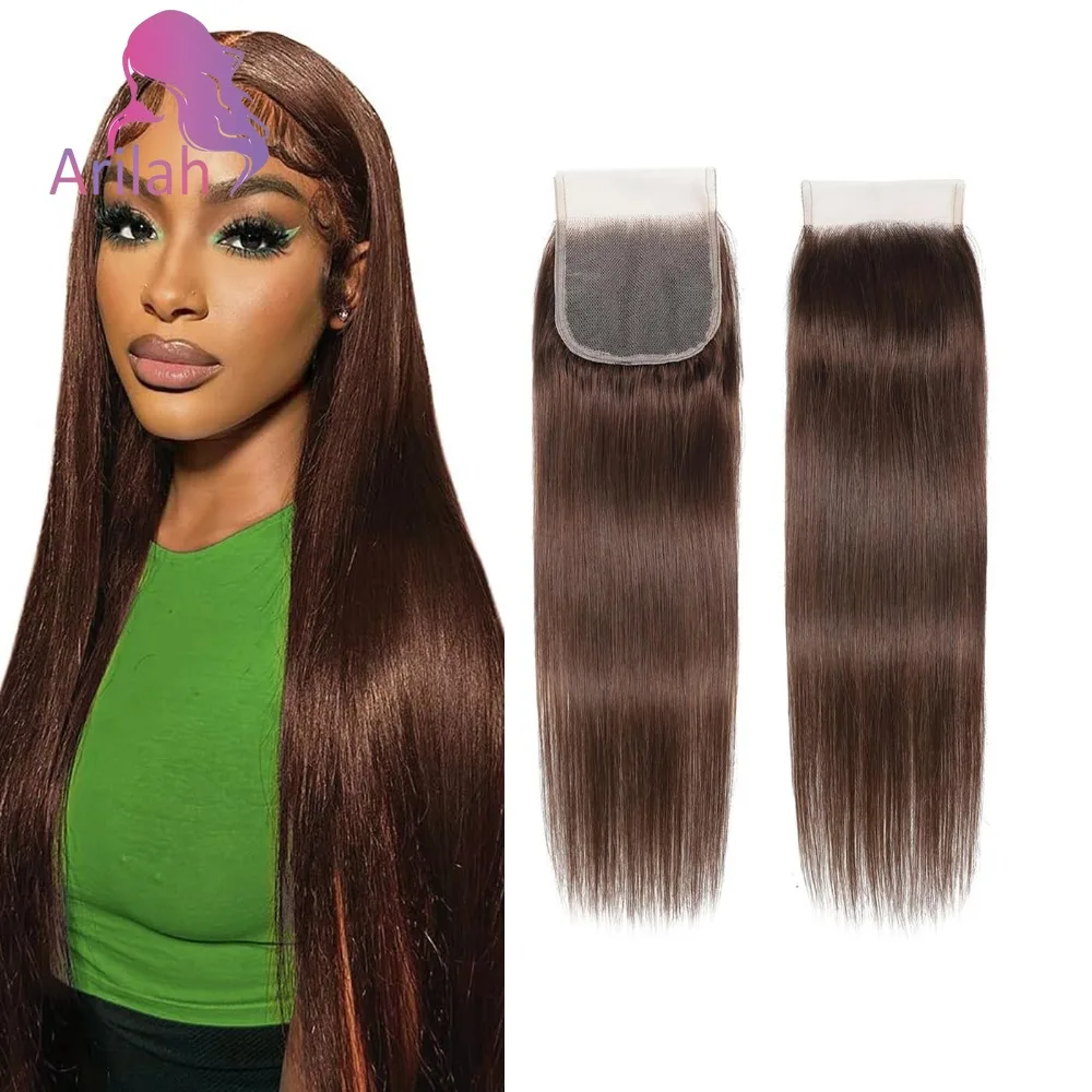 Bruine sluiting 4x4 vrije deel chocoladebruin # 4 kleuren rechte golfsluiting 100% human hair extensions vooraf geplukt remy 150%