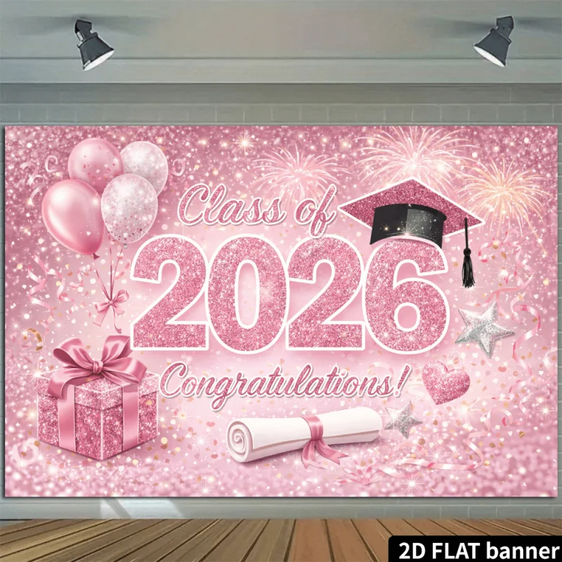 VIKAMA Pink Graduation Backdrop 2026 Sparkle Number Photo Booth Wall Hanging Aesthetic Party Decor Indoor Outdoor Banner Cloth