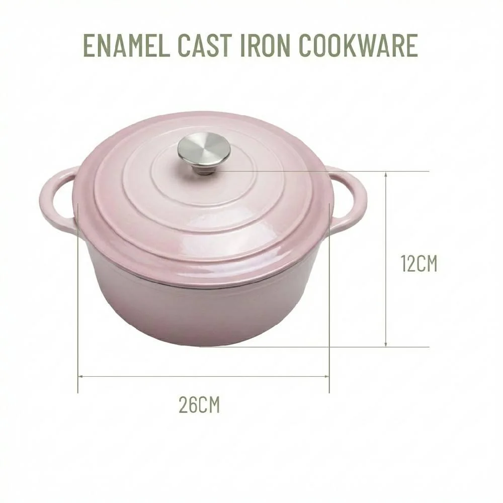 26cm Modern Durable Enamel Cast Iron Dutch Oven Roast Pan with Double Handle and Lid for Home Kitchen and Dining Room Use