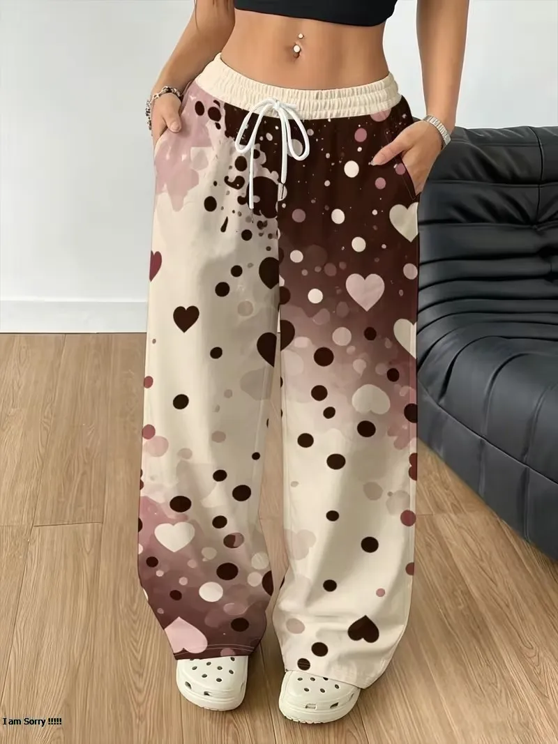 Autumn New Love Pattern Printed Pants, Women's Casual Loose Pocket Drawstring Elastic Waist Sports Pants
