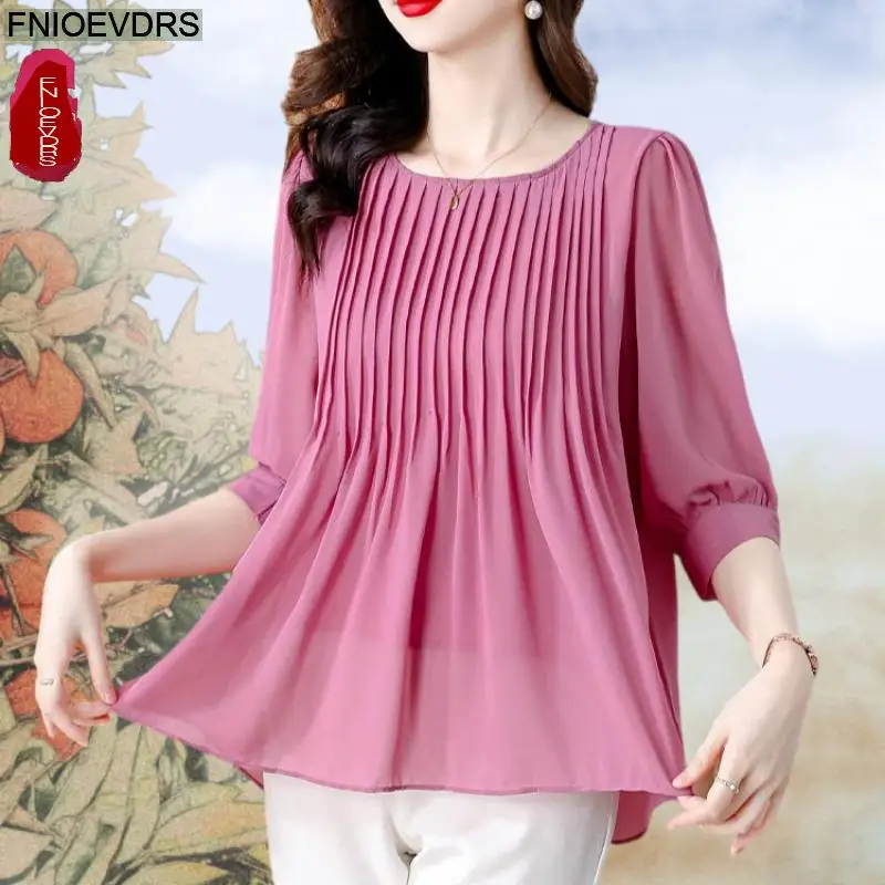 

Loose Clothes Women 2025 Summer Short Sleeve Casual Solid Pleated Layer Blue Pink Tops O Neck Lady Shirts Blouses