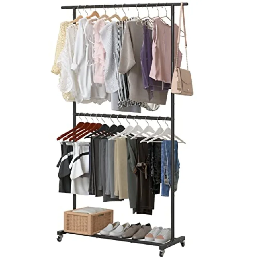 

Double Rod Clothing Garment Rack Rolling Clothes Organizer on Wheels for Hanging Clothes Easy to Assemble Adjustable Black