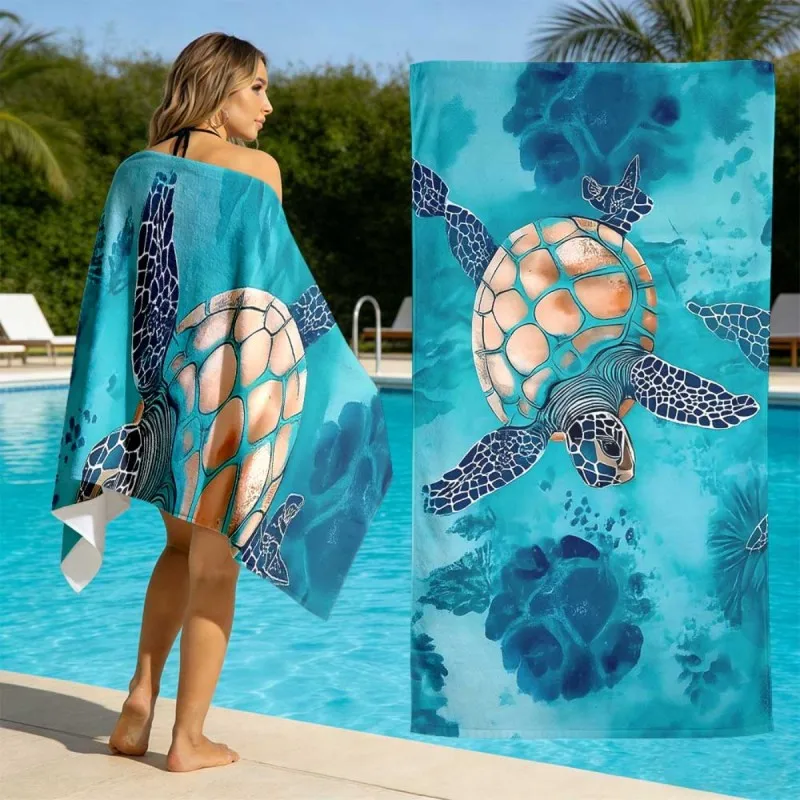 Teal Watercolor Sea Turtle Coral Underwater Texture Print Microfiber Quick Dry Beach Towel Ocean Wildlife Vacation Bath Towel