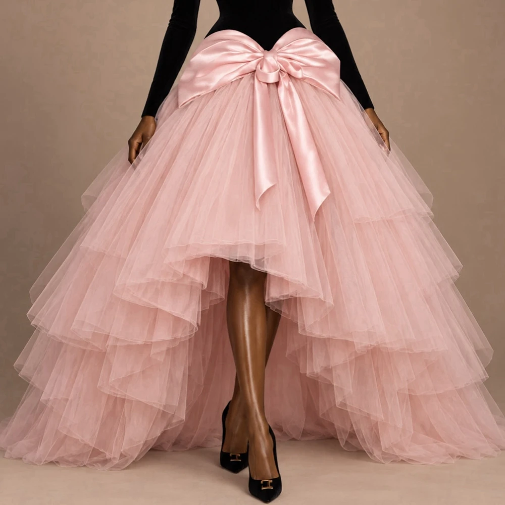 Women's Pink Tulle Tiered High Low Skirt Princess Puff Fairy Skirt High Waist Satin Bow A-line Wedding Party Prom Skirt