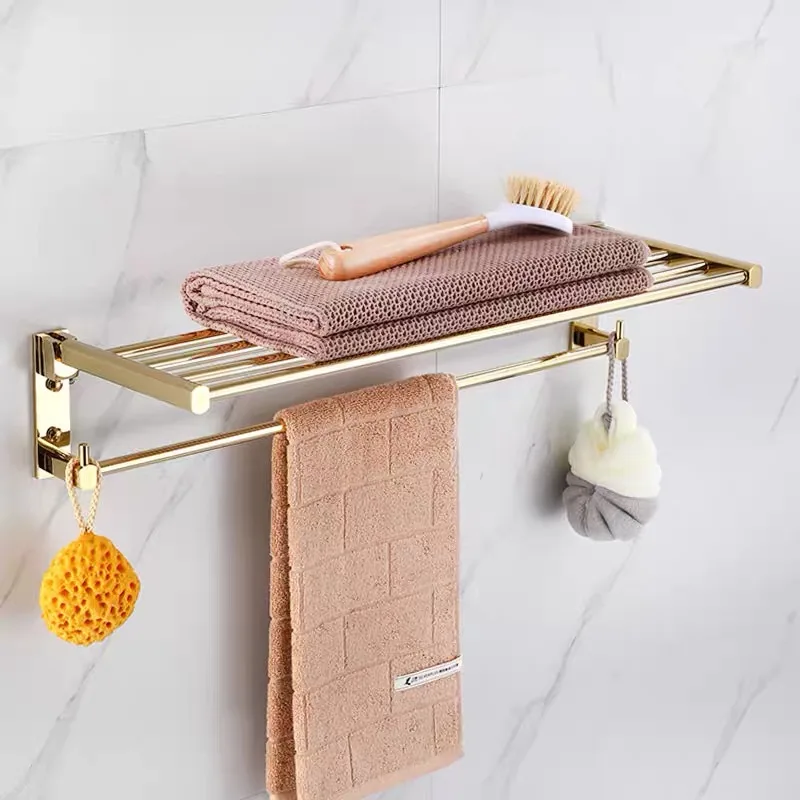 PVD Gold Brass Rack Hook Bathroom Towel Holder Luxury Wall Shelf Foldable Hanger for Sundries Home improvement Hardware