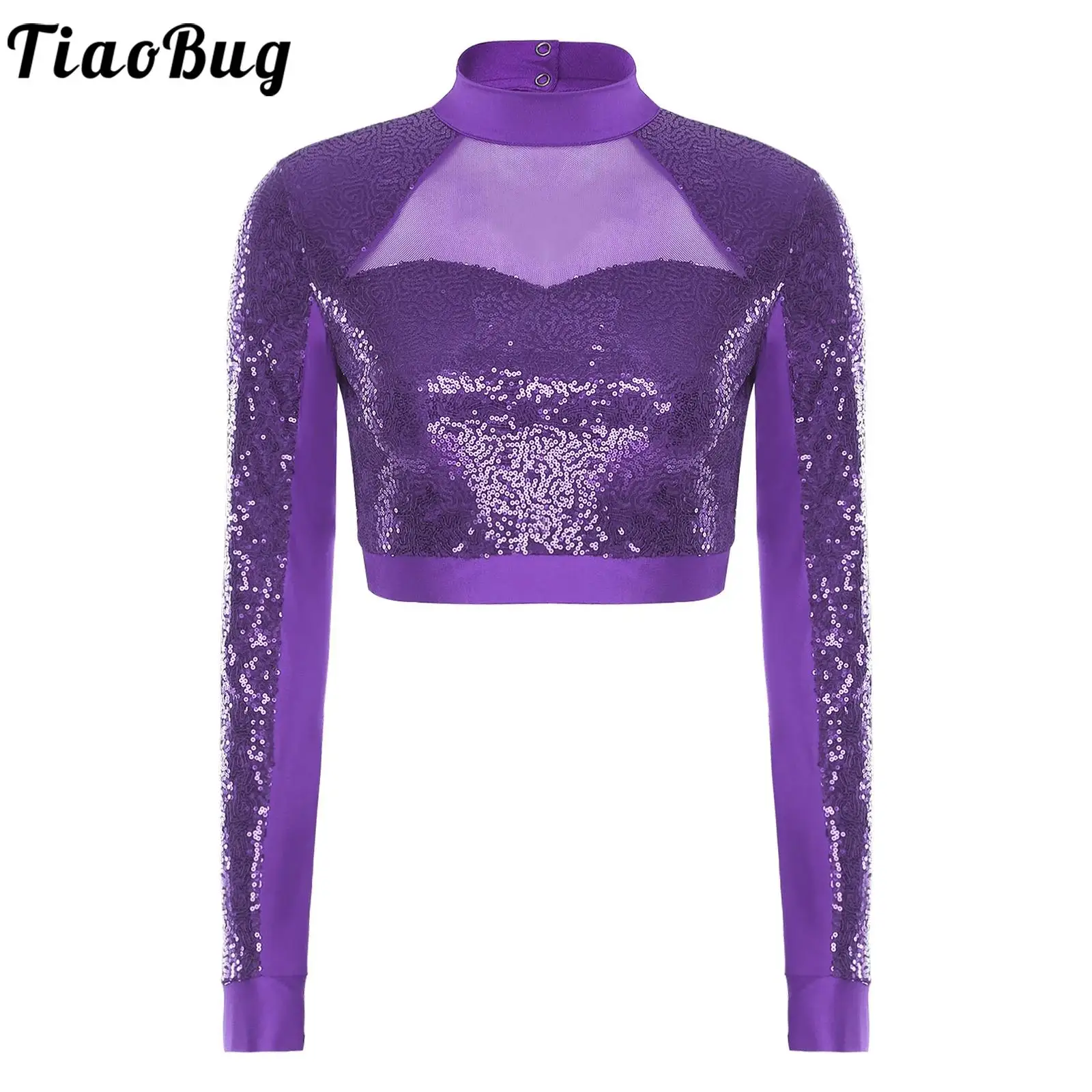 

Women Shiny Sequin Jazz Modern Contemporary Dance Crop Tops Long Sleeve Mesh Patchwork Back Cutout Tops Skating Ballet Dancewear
