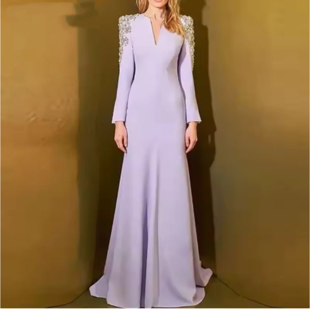 

2025 Fashion Women's V-neck Long Sleeve High Waist Evening Dress Beaded Diamond Splicing Party Dress New Customization