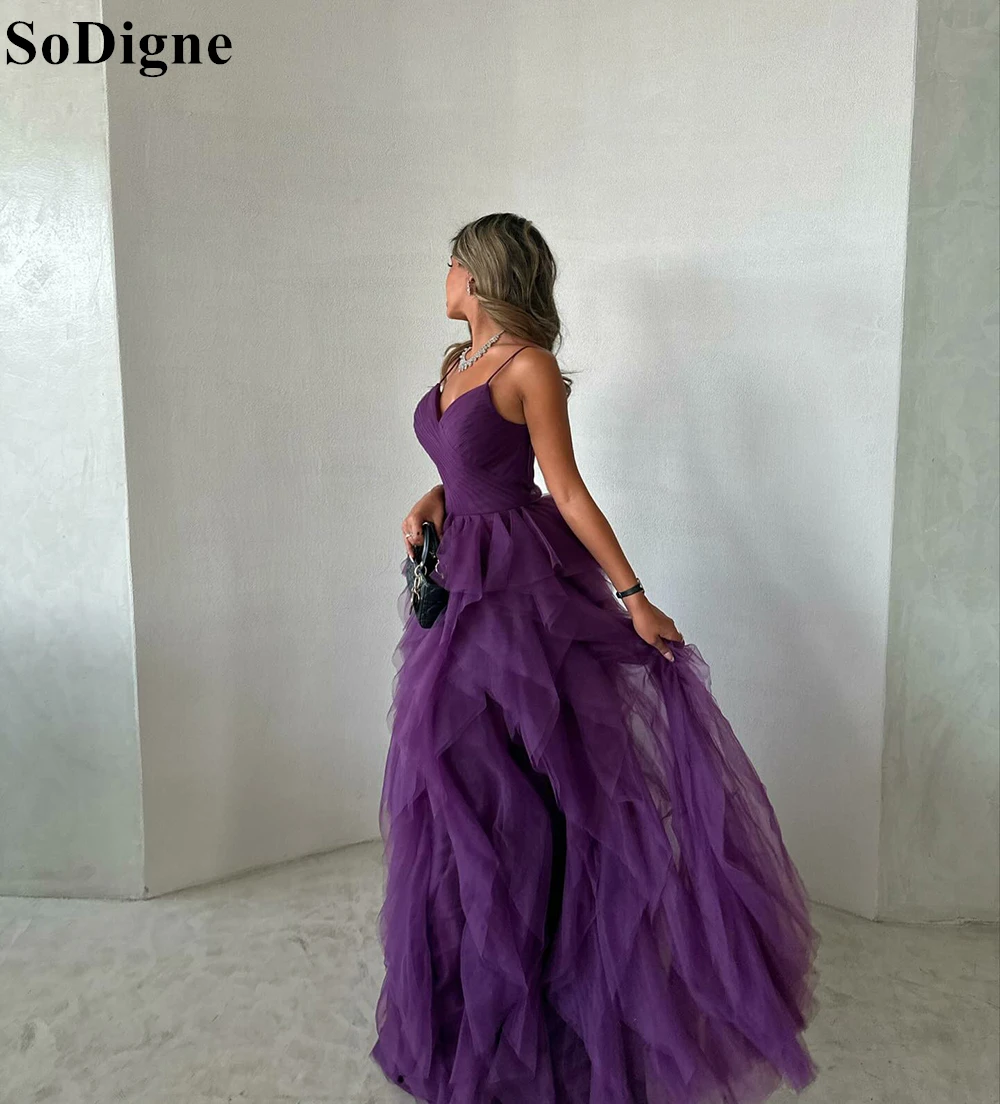 SoDigne Purple Tulle Evening Dresses Spaghetti Straps A-Line Tiered Sweetheart Backless Ruched 2024 Elegant Prom Gowns for Women