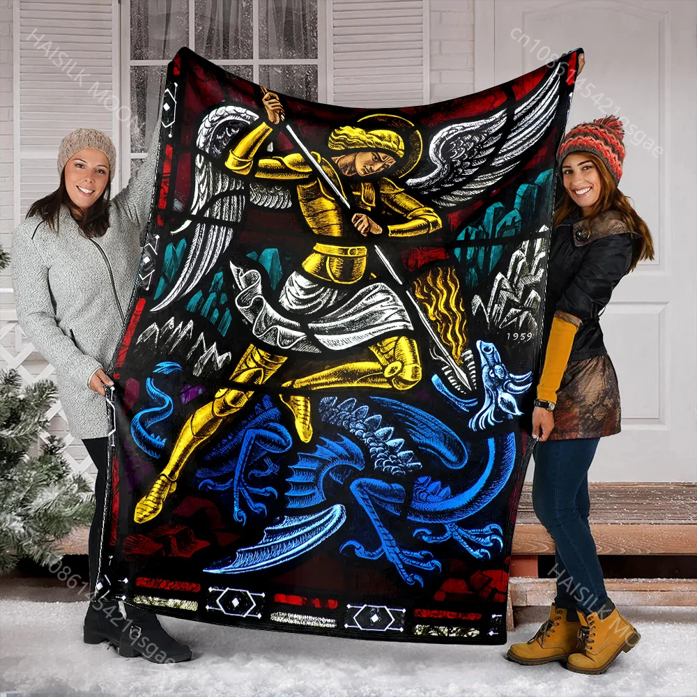 1PC Angel defeating blue dragon print blanket Prayer blankets for believers suitable for home sofa camping travel car