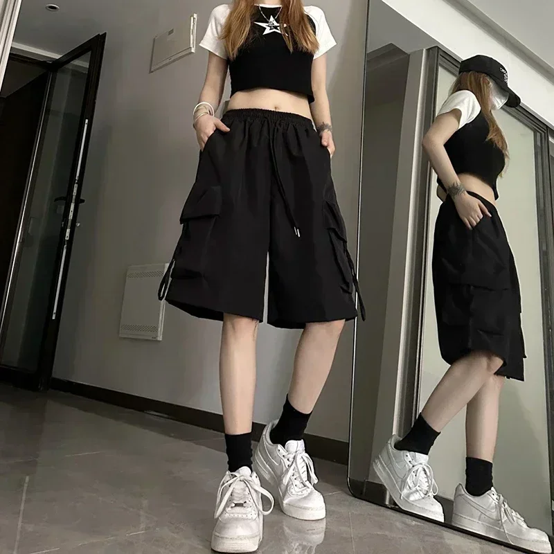 Y2K Black Cargo Shorts Women Harajuku Oversized Wide Leg Shorts S-3Xl Summer Streetwear High Waist Pink Baggy Sports Short Pants