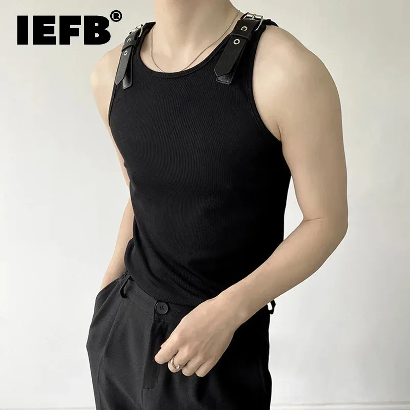 IEFB Personalized Design Men's Leather Shoulder Loop Vest Solid Color Korean Casual Knitted Sleeveless 2023 New Fashion 9A1978