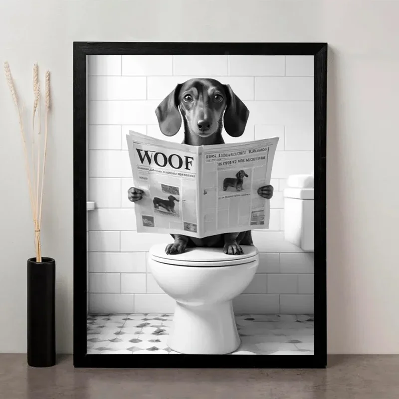 Sausage Dog Reading 'WOOF' Newspaper on the Toilet, Fun Dog Enthusiast Gift,Perfect Choice for Bathroom Decoration, Creative
