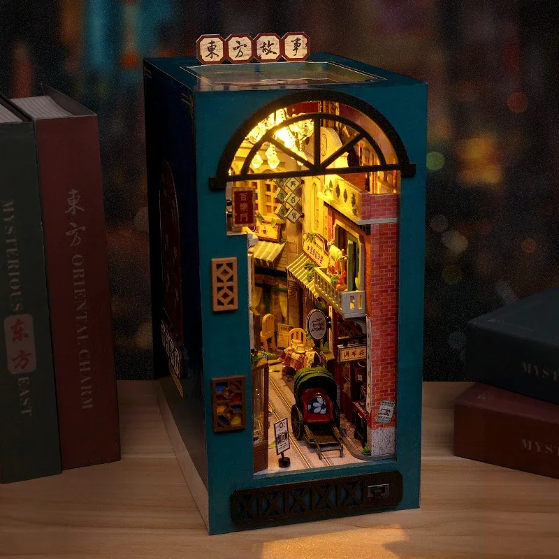 Retro DIY Wooden Book Nook Shelf Insert Miniature Kits Chinese Oriental Tale Home Bookend Decoration For Adult Handmade Gifts