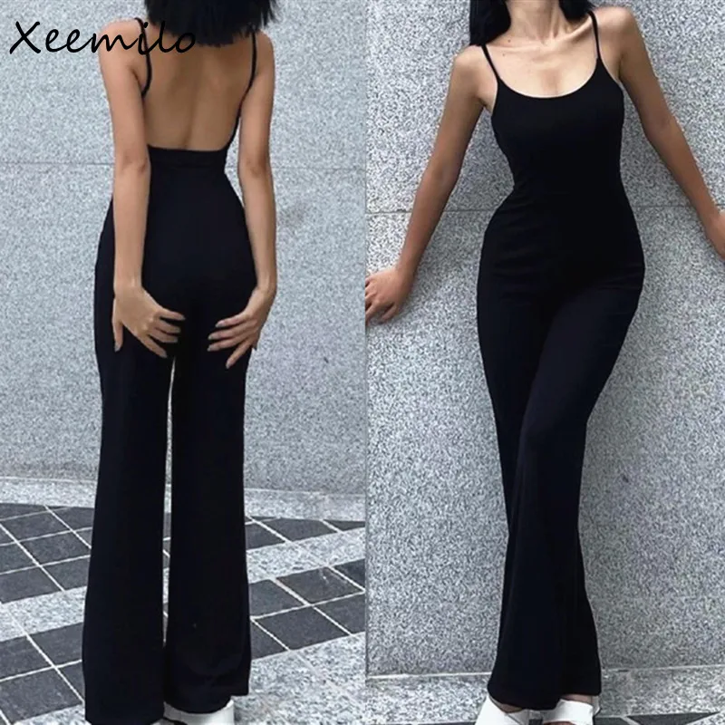 Xeemilo Sexy Backless Spaghetti Band Jumpsuit Vrouw Zomer Zwarte Skinny Bodycon Bodysuit Broek Vakantie Dames Casual Jumpsuits