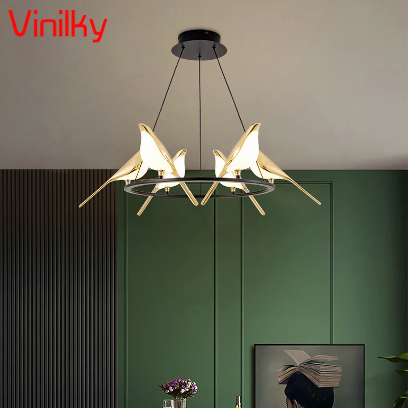 

Modern Magpie Led Chandeiler Lamp Living Room TV Background Pendant Lights Creative Bedroom Desk Art Magpie Lighting Fixtures LE