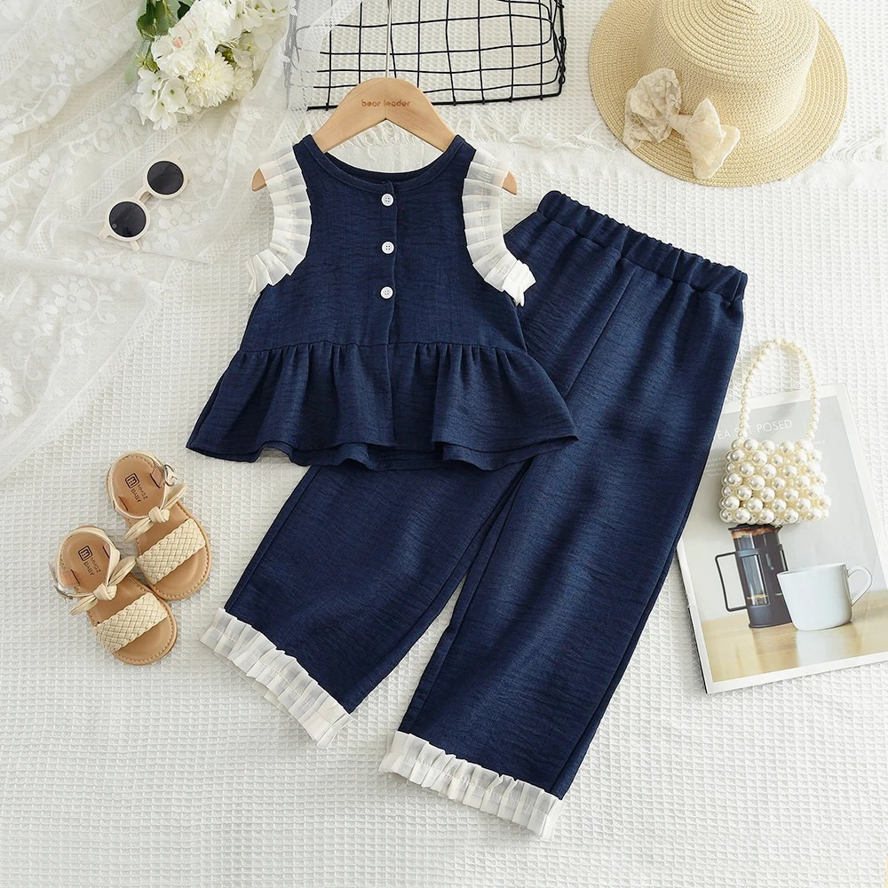Novedad de verano, traje vaquero de imitación azul, camiseta sin mangas de retazos de encaje, Top + Pantalones de pierna ancha, conjunto de dos piezas para niñas de 3 a 10 años