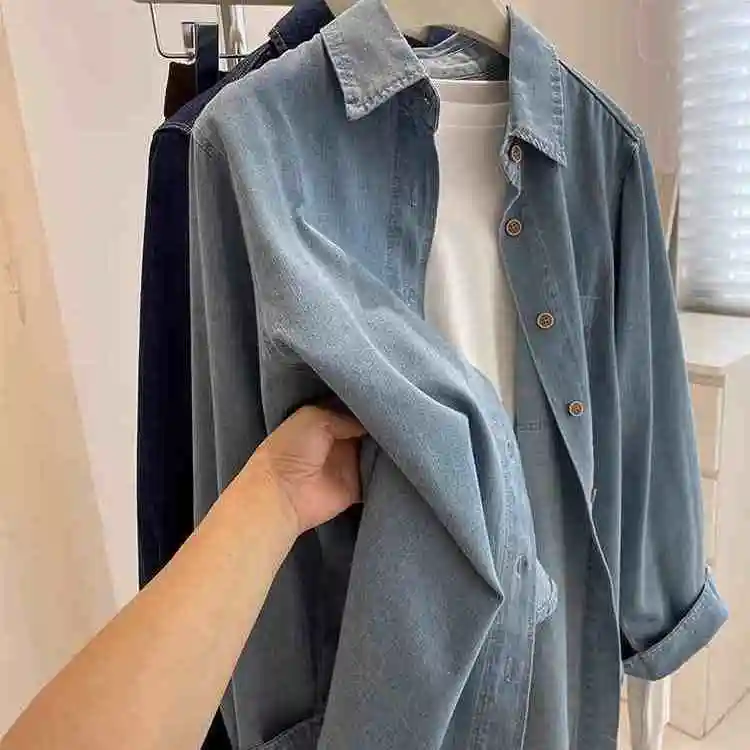 

Hong Kong Style Versatile Denim Shirt Jacket for Women in Autumn New Korean Style Loose Slim Long-sleeved Shirt Top Trendy