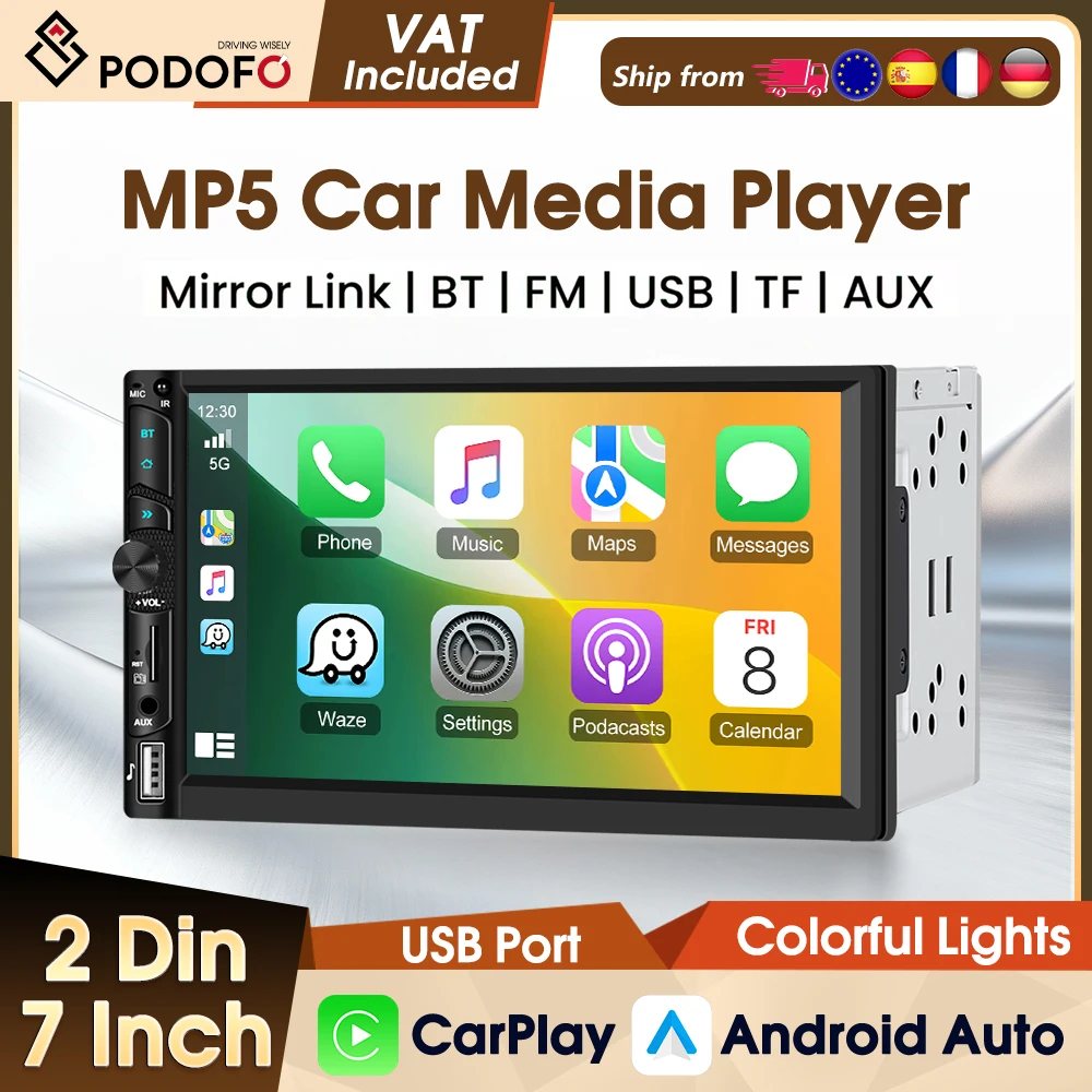 Autoradio Multimediale Podofo 2 Din 7'' con Bluetooth, WIFI, GPS, FM, EQ, Lettore MP5, Carplay Wireless, Android Auto, Schermo IPS