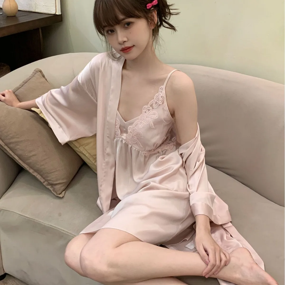 V-Neck Bride Bathrobe Gown Suit Women Kimono Robe Set Sexy Sleepwear Nightsuits Lace Hollow Out Nightgown Loungewear image 3